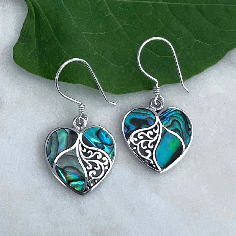 Art deco earrings for women-Abalone Heart Earrings - Sterling Silver, Indonesia