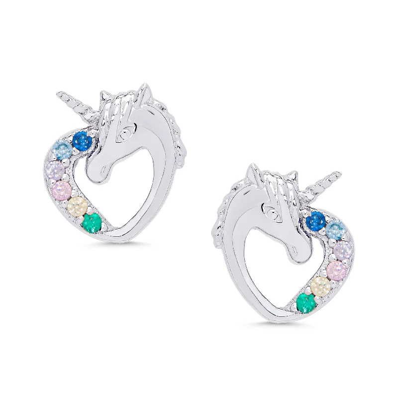 Gold earrings for women-CZ Heart Unicorn Stud Earrings in Sterling Silver