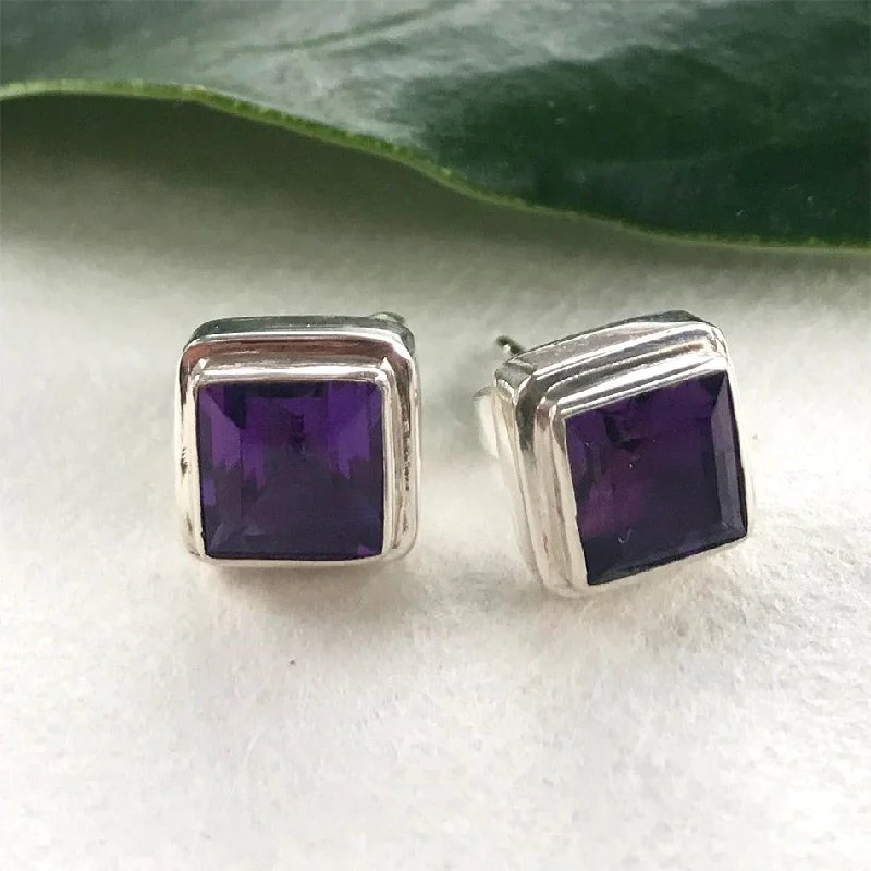 Dangling gemstone earrings for women-Amethyst Biru Studs - Sterling Silver, Indonesia