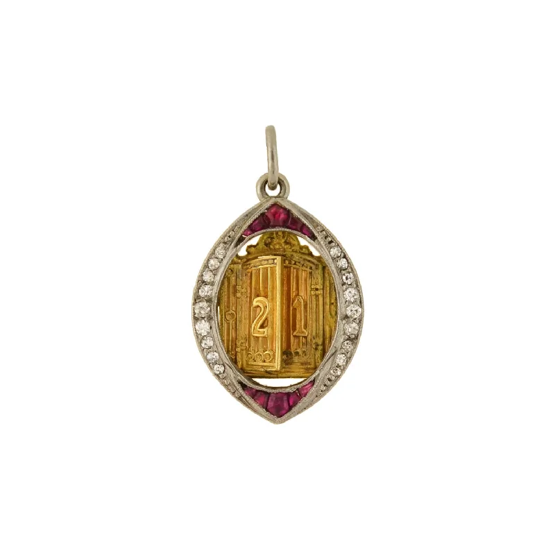 Fashionable gold necklace for women-Edwardian Platinum/14kt Ruby + Diamond "21" Golden Door Charm Pendant