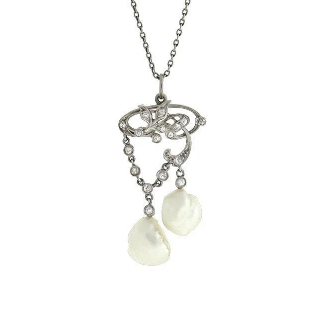 Simple chain necklace for women-Edwardian Platinum/14kt Diamond & Pearl Lavalier Necklace