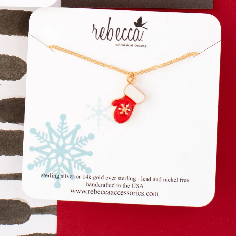 Classic gold necklace for women-Red Mitten Necklace - Children's Christmas Winter Snow