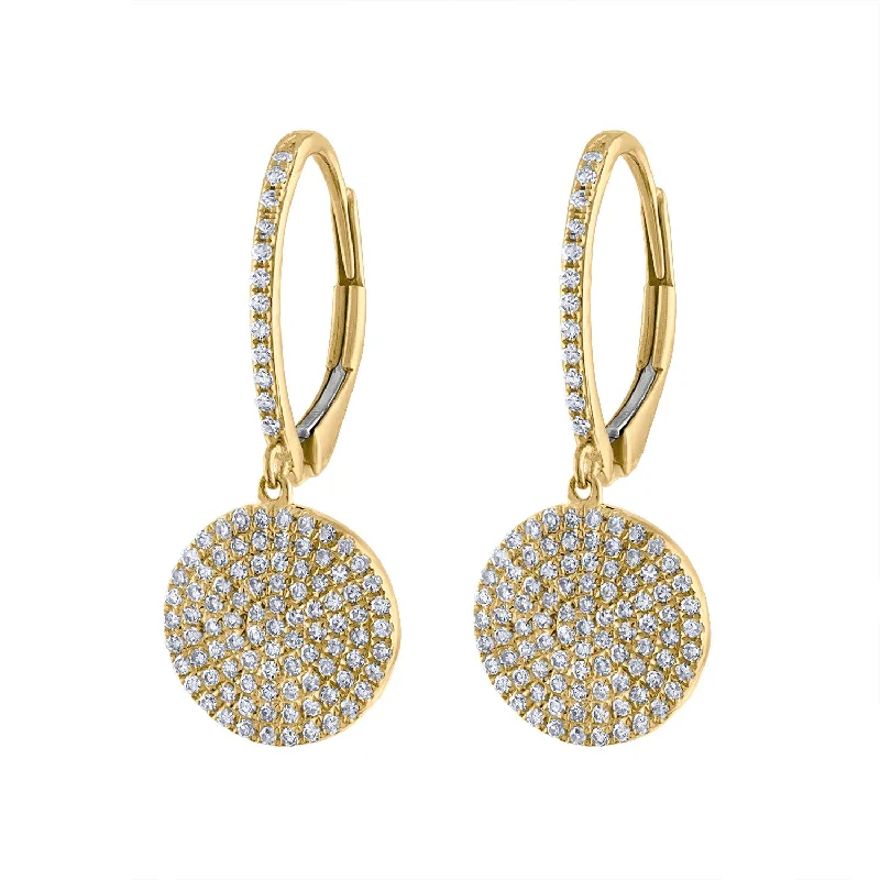 Drop earrings with gemstones for women-14KT GOLD PAVE DIAMOND LARGE DISK DROP EARRING