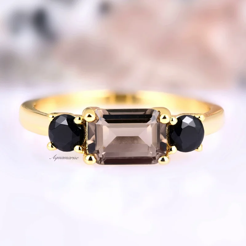 Baguette cut engagement ring for women-Cognac Diamond & Black Onyx Ring- 14K Yellow Gold Vermeil