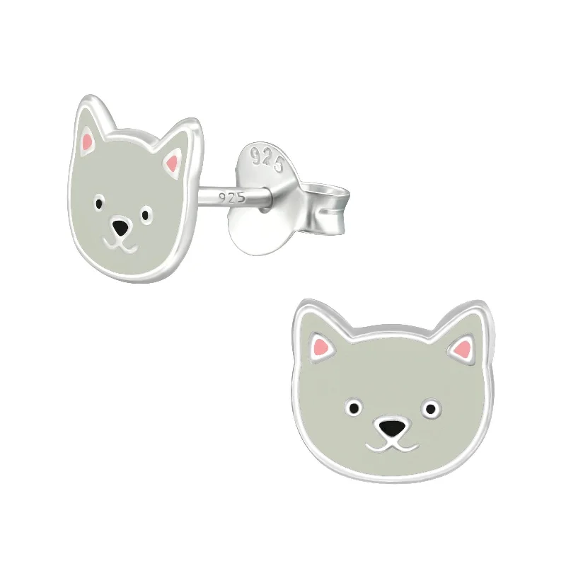 Long earrings for women-Puppy Stud Earrings in Sterling Silver