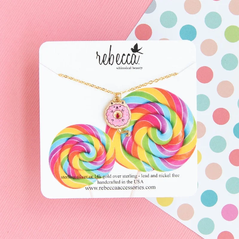 Diamond necklace for women-Donut Cat Enamel Charm Necklace Children’s Jewelry