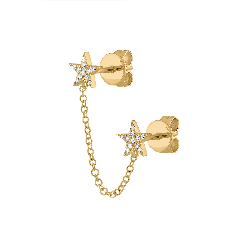 Simple gold earrings for women-14KT GOLD DIAMOND DOUBLE STAR CHAIN EARRING