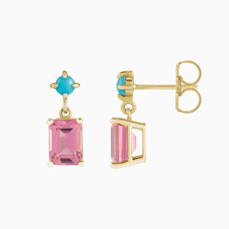 Heart-shaped gold earrings for women-Pink Tourmaline and Turquoise Drop Earrings