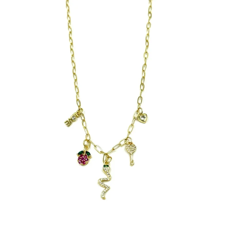 Layered necklace for women-Ashley Gold Stainless Steel Gold Plated Assorted 5 Charm CZ Necklace