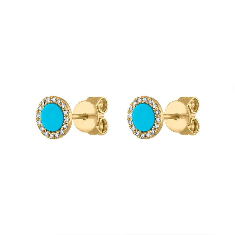 Statement drop earrings for women-14KT GOLD DIAMOND TURQUOISE DISK STUD EARRING