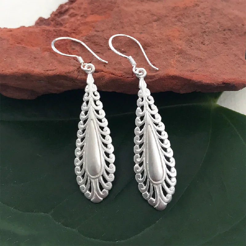 Luxury earrings for women-Lacy Leaf Earrings - Sterling Silver, Indonesia