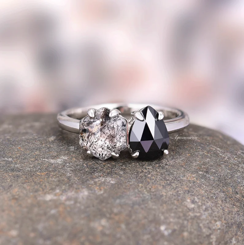 Cushion cut diamond engagement ring for women-'Toi Et Moi' Salt & Pepper (Herkimer Diamond) & Black Black Onyx Ring- 925 Sterling Silver