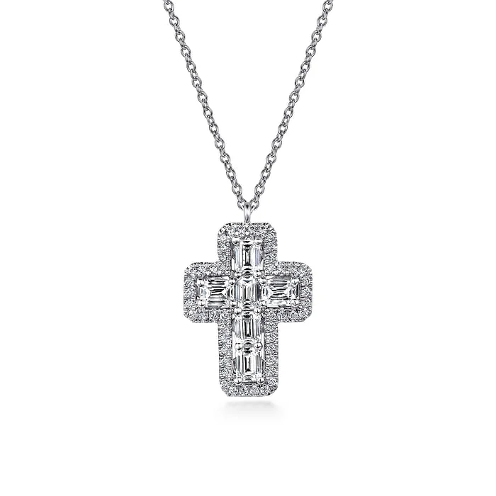 Gemstone necklace for women-14K White Gold Emerald Cut Diamond Cross Necklace