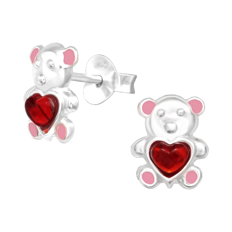 Double stud earrings for women-Teddy Bear Stud Earrings in Sterling Silver