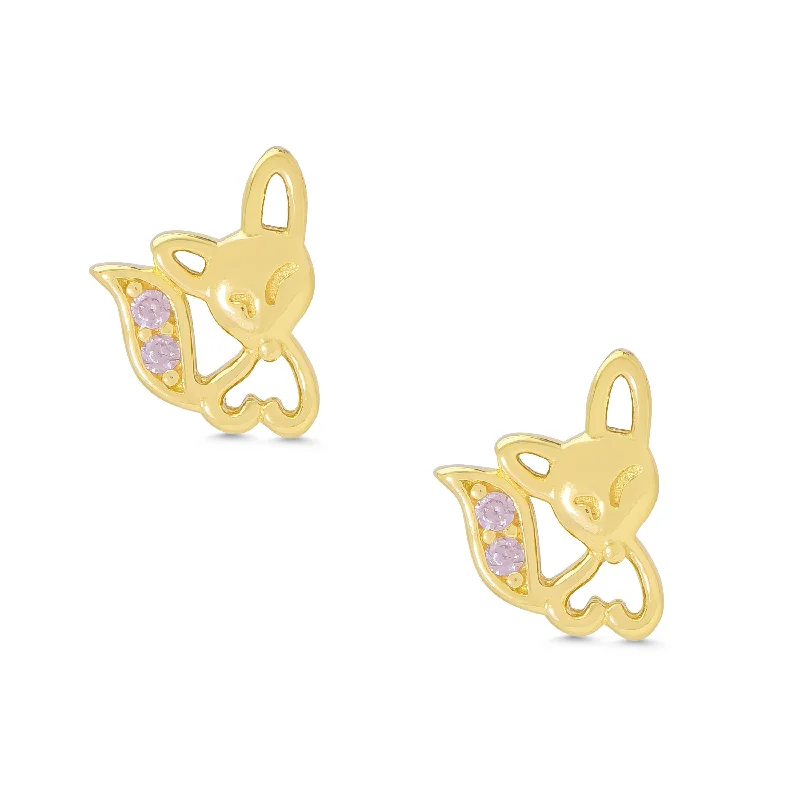 Stud earrings for women-Pink CZ Fox Stud Earrings in Sterling Silver