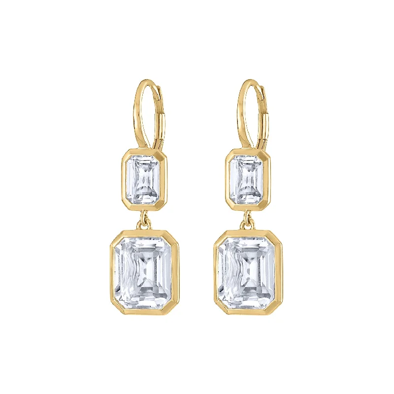 Personalized stud earrings for women-14KT GOLD WHITE TOPAZ DOUBLE BEZEL DROP EARRING