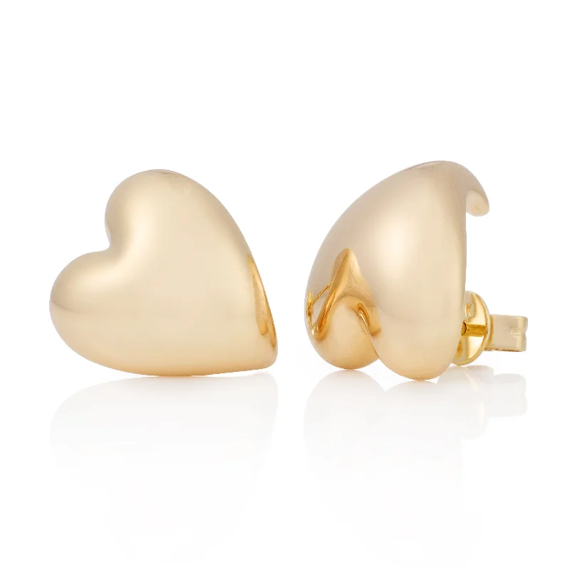 Multi-layer earrings for women-Solid Gold Heart Button Studs