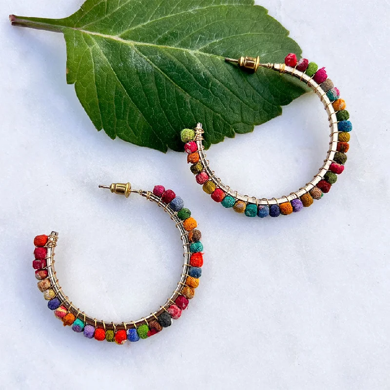 Round earrings for women-Recycled Sari Hoops - Large, India