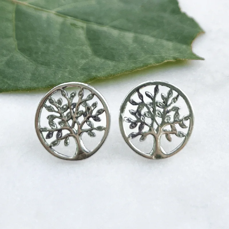 Boho earrings for women-Tree of Life Post Earrings - Sterling Silver, Indonesia