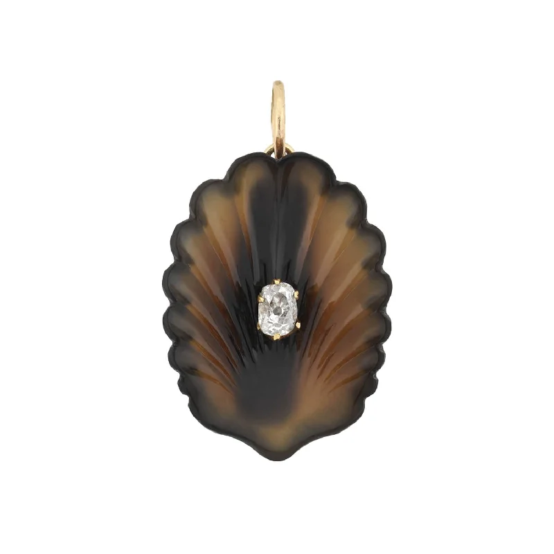 Gold pendant necklace for women-Victorian 14kt Carved Agate + Diamond Seashell Pendant