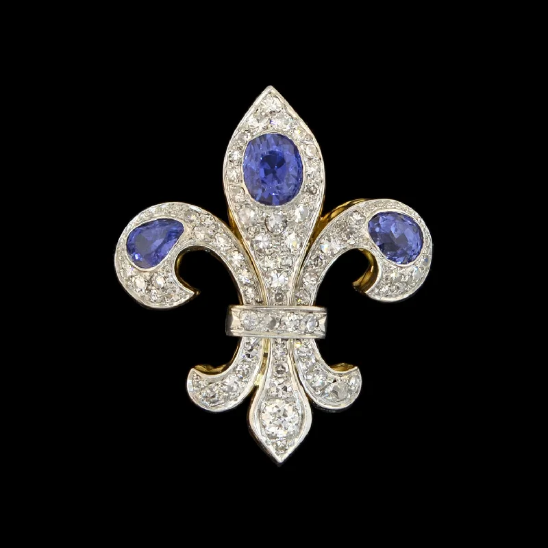 Delicate necklace for women-Edwardian 18kt/Platinum Natural Ceylon Sapphire + Diamond Fleur-de-Lys Pendant