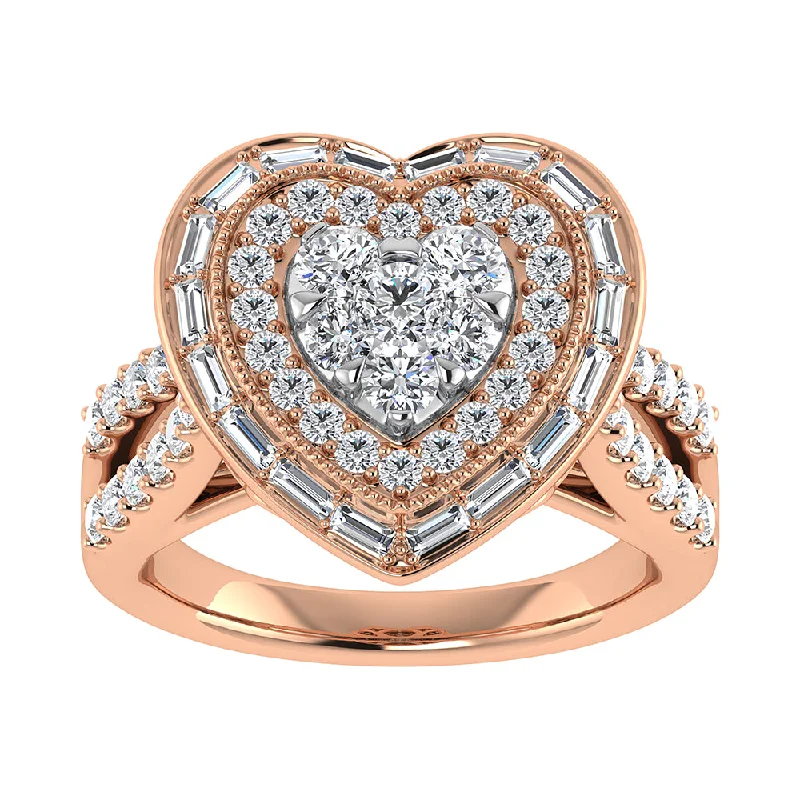 Luxury engagement ring for women-14K Pink Gold 1 1/2.Tw. Round and Straight Baguette Diamond Heart Ring