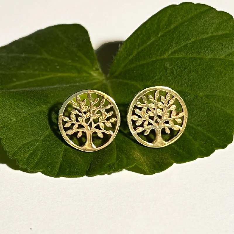 Vintage stud earrings for women-Tree of Life Post Earrings - Brass, Indonesia