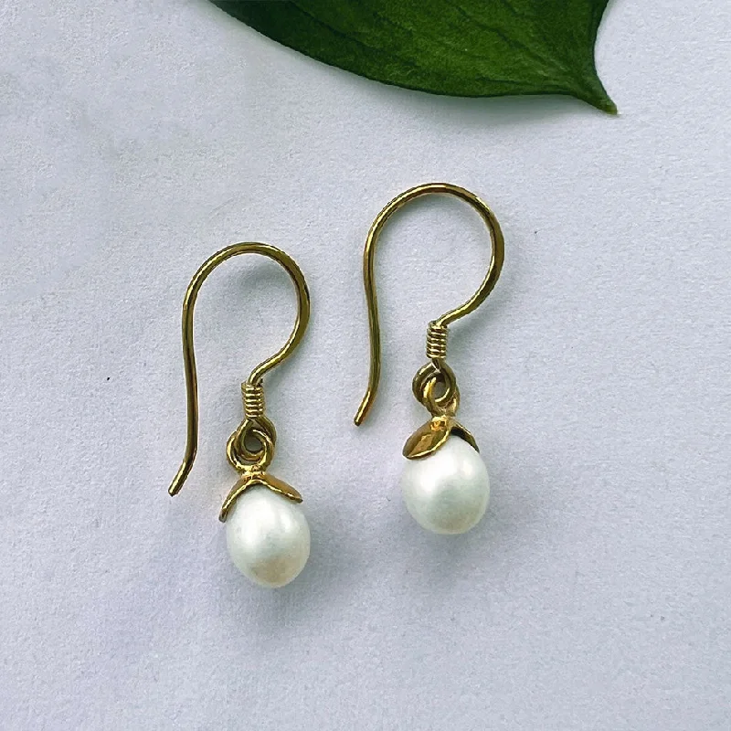 Personalized gold earrings for women-Acorn Pearl Earrings - Brass, Indonesia