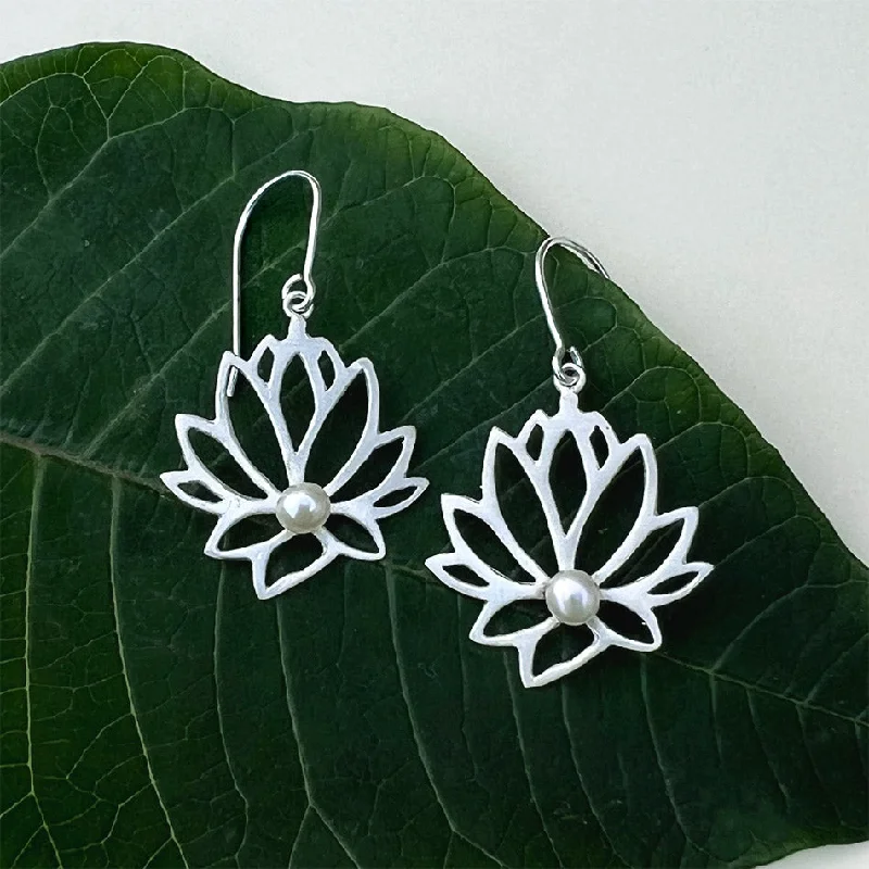 Round diamond earrings for women-Lotus Pearl Earrings - Sterling Silver, Indonesia