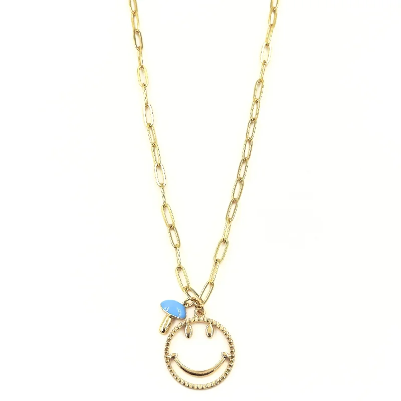 Diamond necklace for women-Ashley Gold Stainless Steel Gold Plated Enamel Mushroom And Large Smily Face Pendant Necklace