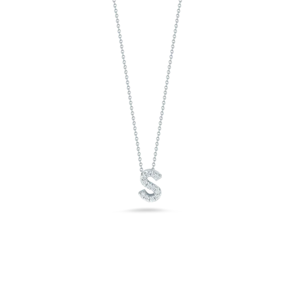 Gold bar necklace for women-18K WHITE GOLD TINY TREASURES DIAMOND LOVE LETTER “S” NECKLACE