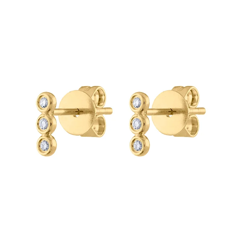 Round gold earrings for women-14KT GOLD DIAMOND THREE BEZEL BAR EARRING