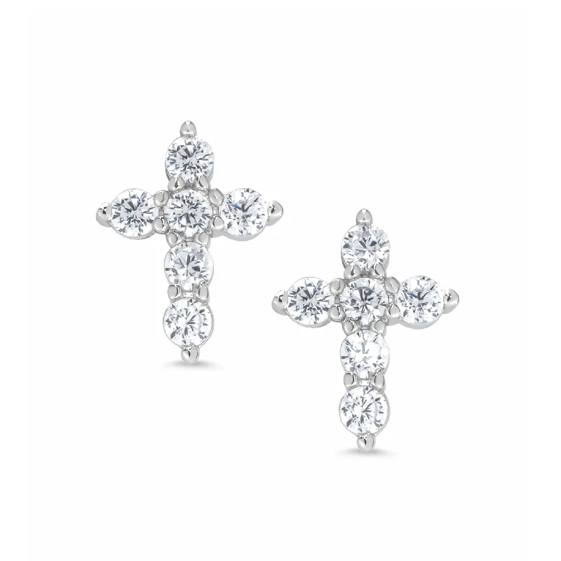 Small stud earrings for women-CZ Cross Stud Earrings in Sterling Silver