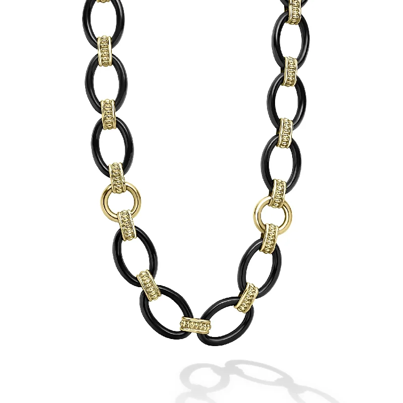 Gold heart necklace for women-Meridian 18K Gold and Black Ceramic Link Necklace | 10mm