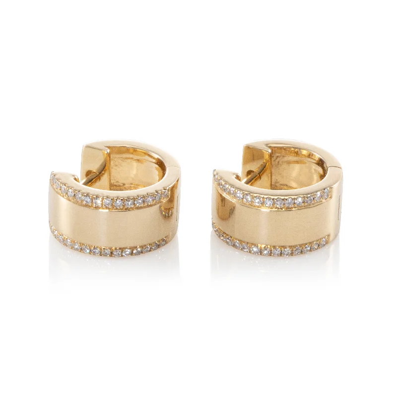 Fashionable earrings for women-Thick Solid Gold Huggies with Pave Trim