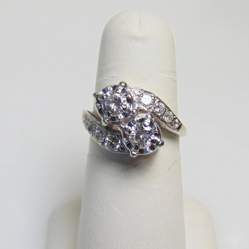 Antique-inspired engagement ring for women-14 Karat White Gold Double Diamond By-Pass Ring - Gorgeous 1 Carat TDW