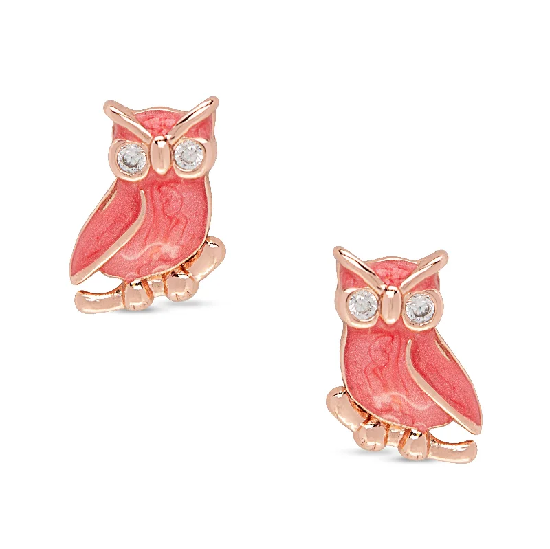 Classic earrings for women-Owl Stud Earrings with CZ - Rose