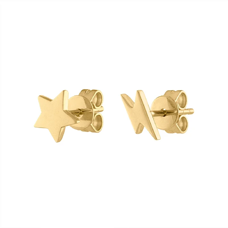 Personalized gold earrings for women-14KT GOLD STAR AND LIGHTNING BOLT EARRING