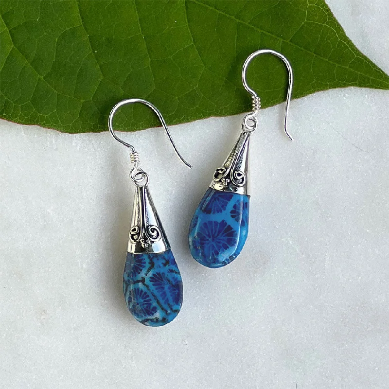 Custom earrings for women-Blue Coral Filigree Earrings - Sterling Silver, Indonesia