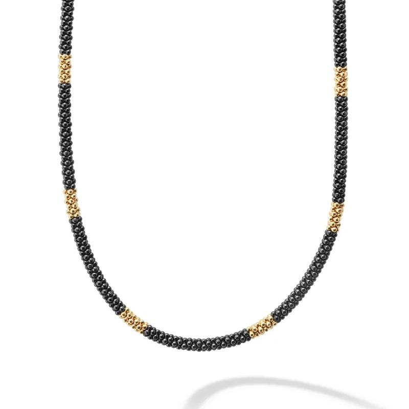 Engraved necklace for women-Black Caviar 18K Gold Small Station Ceramic Beaded Necklace | 3mm