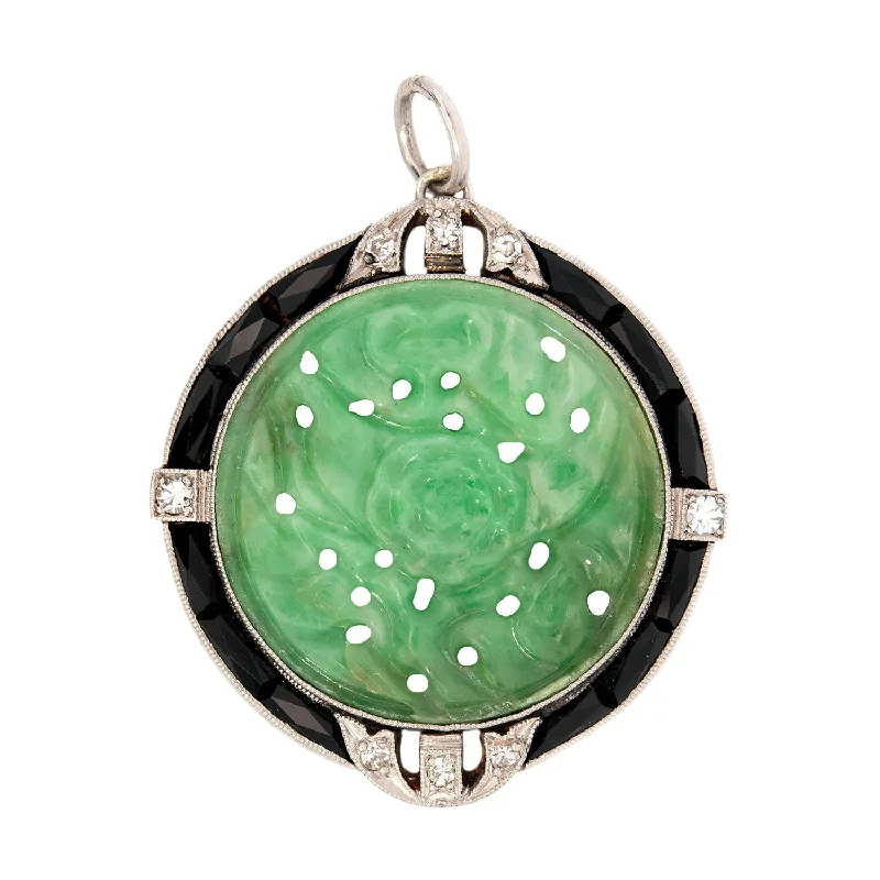 Boho necklace for women-Art Deco Platinum Carved Jade, Onyx & Diamond Pendant