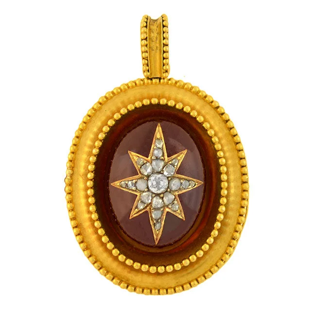 Handcrafted necklace for women-Victorian 15kt Garnet Cabochon Diamond Starburst Locket Pendant