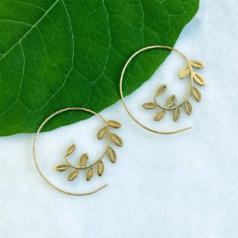 Classic earrings for women-Leaf Spiral Earrings - Brass, India