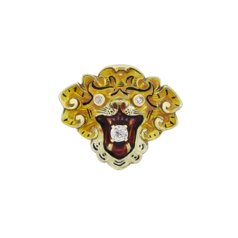 Handcrafted necklace for women-Victorian 14kt Diamond + Enameled Lion Pendant 0.25ctw