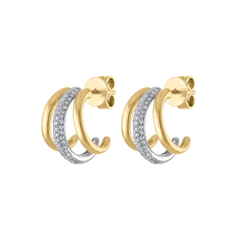 Sterling silver earrings for women-14KT GOLD DIAMOND THREE ROW HOOP EARRING