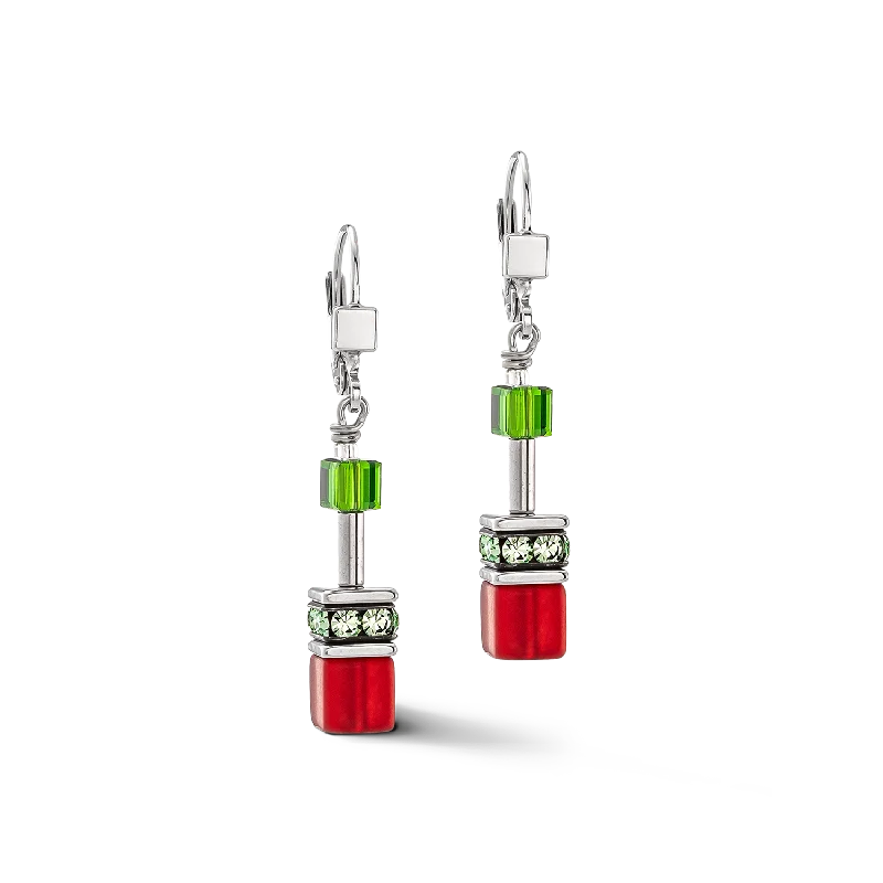 Personalized gold earrings for women-GeoCUBE® Iconic earrings red-green