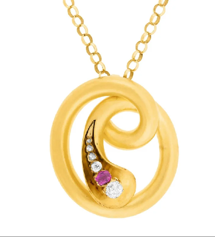 Simple gold necklace for women-Victorian 18kt Ruby & Diamond Curled Snake Pendant