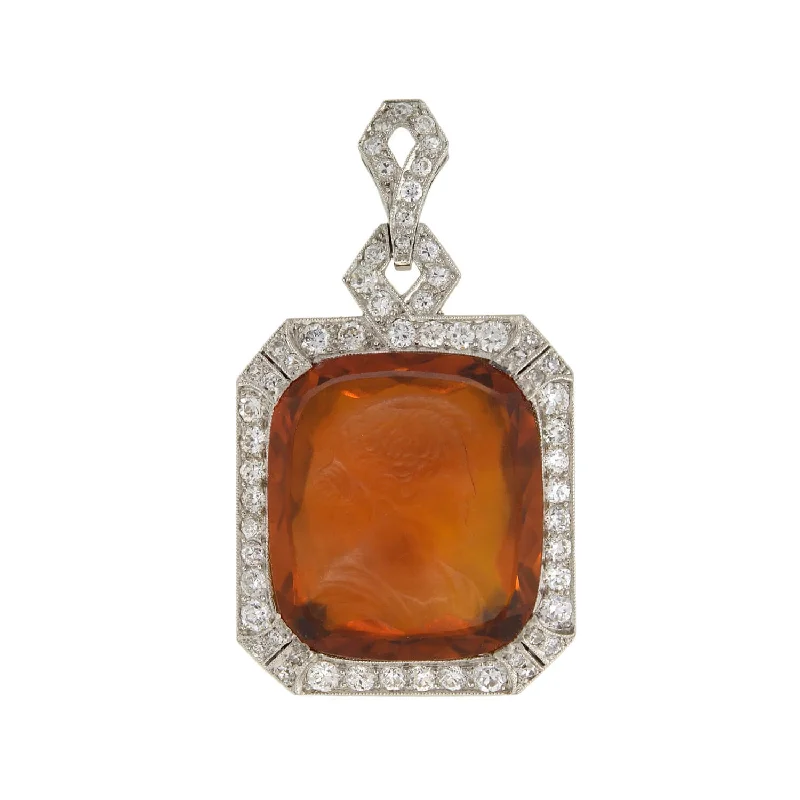 Pendant chain necklace for women-Art Deco Platinum Carved Citrine Cameo + Diamond Pendant