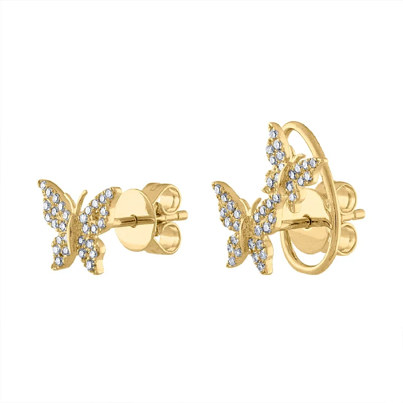 Floral earrings for women-14KT GOLD DIAMOND ASYMMETRICAL BUTTERFLY EARRING