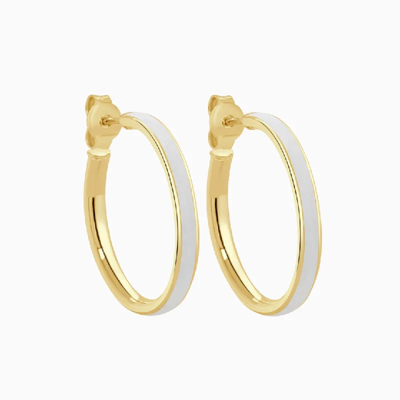 Fashionable earrings for women-Gold & White Enamel Open Hoops